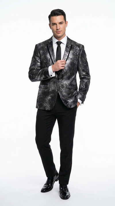 Menβs Black and Charcoal Gray Snakeskin Print Blazer, Animial Exotic Skin Alligator Crocodile Texture