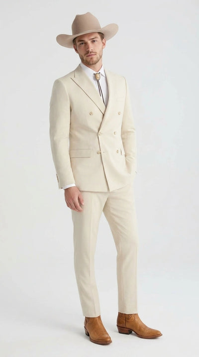 Menβs Tan Linen Cowboy Suit, Double Breasted Western Wedding Formal Western Suit Country style in Beige Tan Color