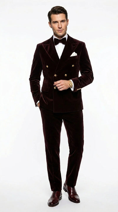 Menβs Dark Brown Velvet Blazer and Pants 2 Piece Suit, Double Breasted Formal Dinner Suit for Weddings, Prom