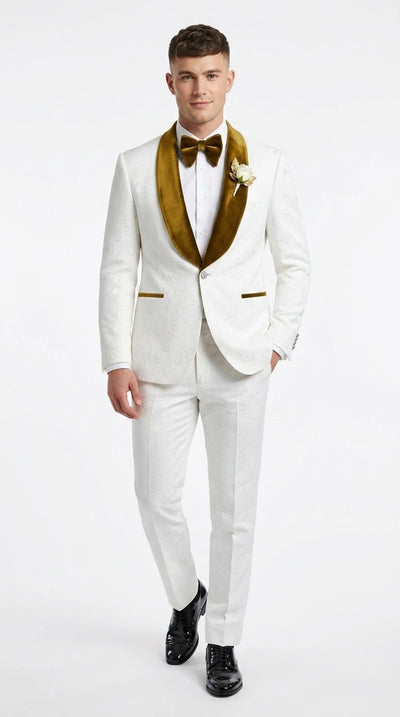 Menβs White Paisley 3 Piece With Vest Prom Tuxedo with Gold Velvet Shawl Lapel, Formal Wedding Suit Set