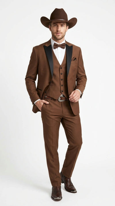 Menβs Light Brown Western Tuxedo 3 Piece Suit with Black Peak Collar Lapel, Country Look Cowboy Suit