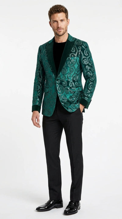 Menβs Emerald Green Paisley Tuxedo Dinner Jacket with Black Lapel, Formal Prom Wedding Party Blazer