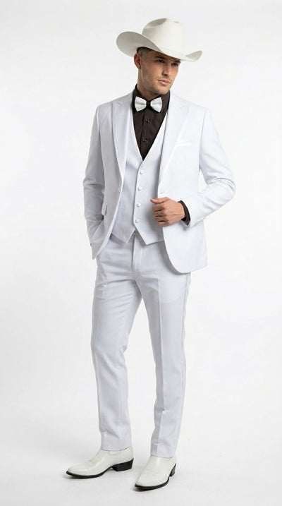 Menβs White Western Cowboy 3 Piece Tuxedo Suit, Formal Wedding Prom Groom Suit Set