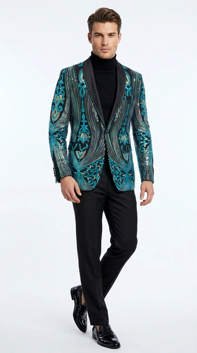 Menβs Black and Turquoise Blue With teal green Sequin Dinner Jacket, Formal Prom Wedding Paisley Floral Mardi Gra Pattern