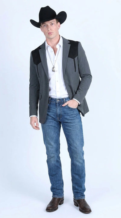 Menβs Dark Charcoal Western Blazer with Black Suede Yokes, Cowboy Sport Coat for Ranch Wedding and Country Events By Platini