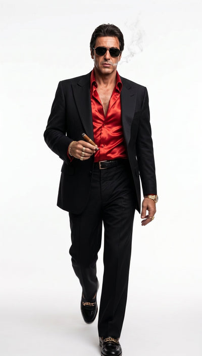 Tony Montanaβs Black Blazer with Red Sateen Shirt β Menβs Black Formal Blazer and Red Satin Style Shirt Outfit for Party, Wedding and Vintage Wear