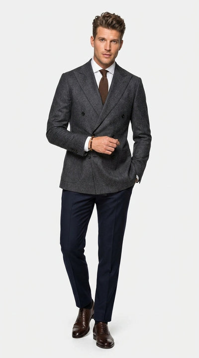 Menβs Charcoal Double Breasted Blazer, Formal Wedding Business Casual Sport Coat Jacket Wool Fabric