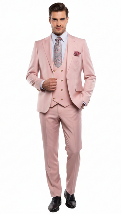 Men’s Blush Pink and Gold Three-Piece Suit – Tailored Fit Formal Wedding, Vested Suit By Rossiman