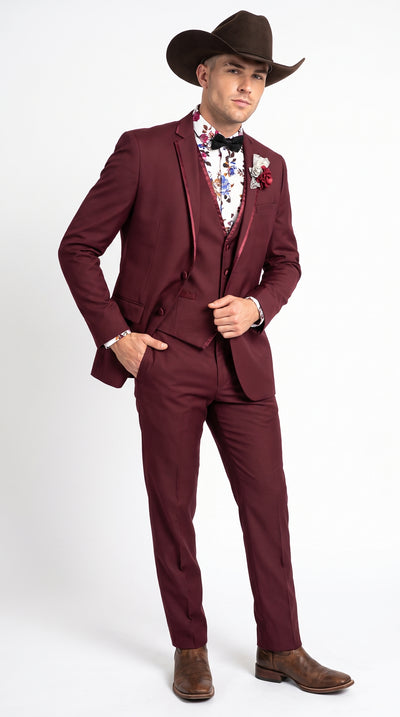 Menβs Burgundy Western Tuxedo Suit, 3 Piece Cowboy Formal Wedding Prom Suit with Satin Trim