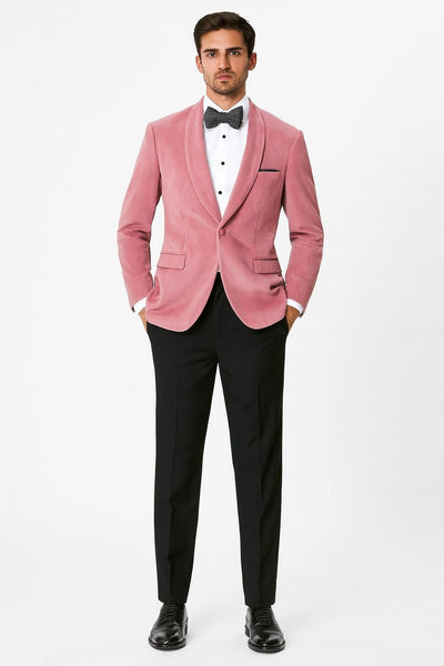 Mens Pink Velvet Tuxedo Dinner Jacket with Shawl Lapel – Slim Fit Blazer for Weddings, Prom in Rose Gold Color