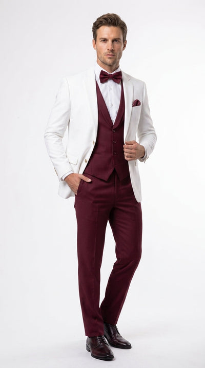 Menβs White and Burgundy 3 Piece Tuxedo Suit, Vested Formal Wedding Prom Dinner Suit Set bowtie included