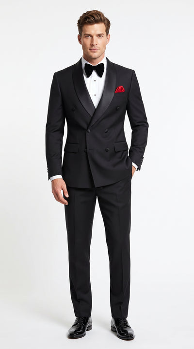 Menβs Black Double Breasted Evening Wear Suit with Satin Shawl Lapel and Red Pocket Square