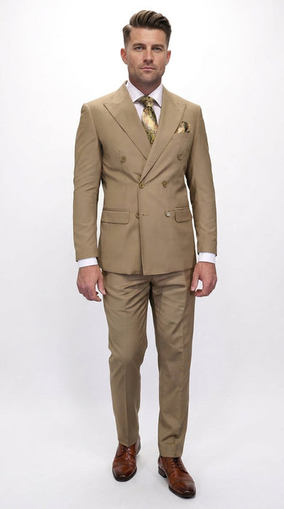 Menβs Statement Brand Caramel Khaki Double Breasted Wool Suit, Designer Formal Business Suit Set Wool Suit in Camel Color