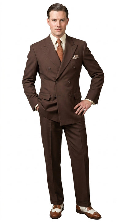 Menβs Brown Vintage Double Breasted Suit, Classic 1940s Style Formal Wedding Business Suit Set