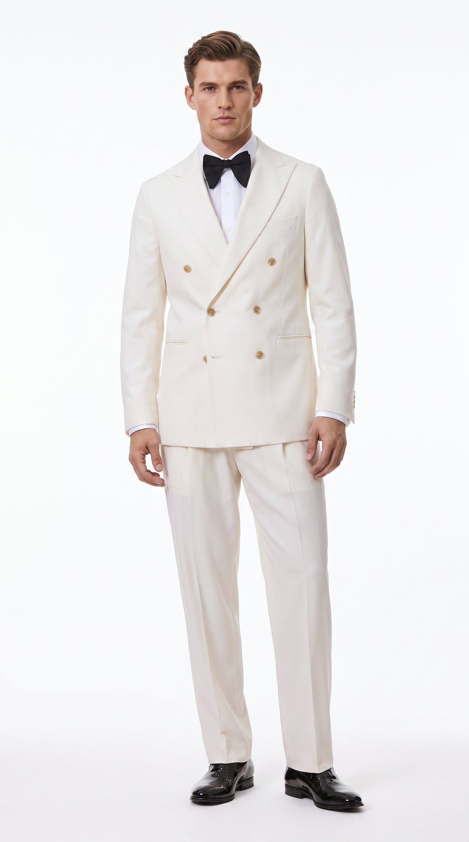 Men’s Ivory Double-Breasted Tuxedo – Gold Button Wedding, Prom and Formal Suit
