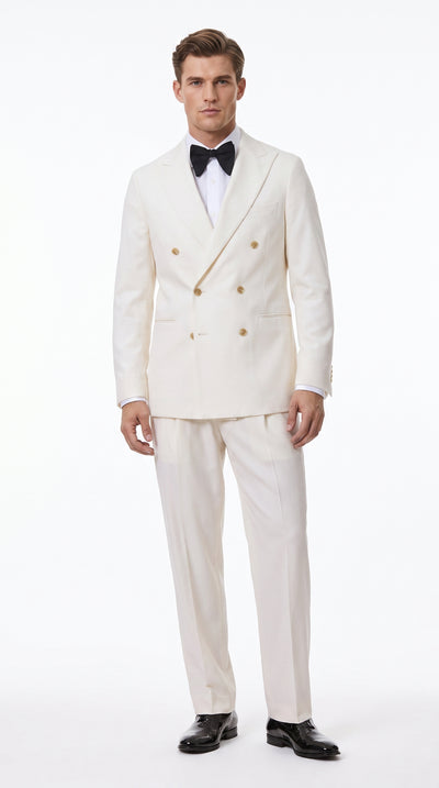 Menβs Ivory Double-Breasted Tuxedo β Gold Button Wedding, Prom and Formal Suit