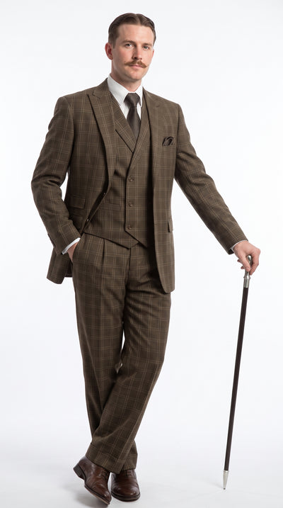 Menβs Edwardian Brown Plaid 3-Piece Suit β Vintage Double-Breasted Vest Wedding and Formal Suit
