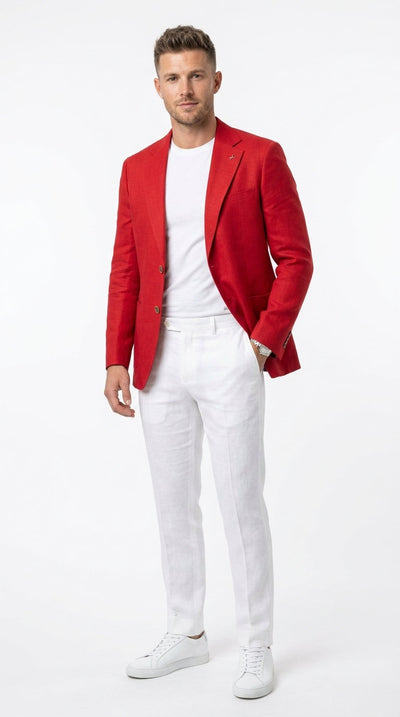 Menβs Red Linen Blazer, Lightweight Business Casual Wedding Sport Coat Jacket
