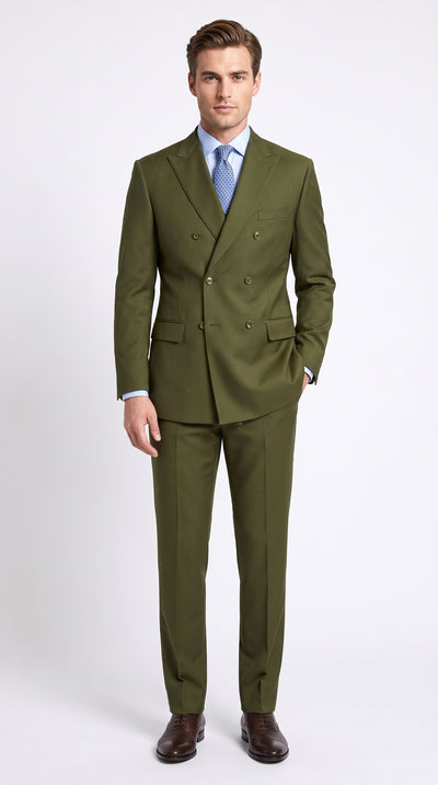 Menβs Olive Green Double-Breasted Suit β Classic Peak Lapel Wedding, Business Hunter Color