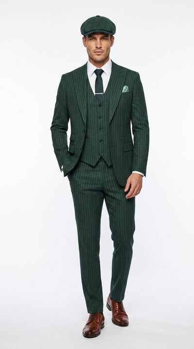 Men’s Hunter Green Pinstripe 3-Piece Suit – Vintage Wedding, Prom and Formal Suit with Matching Vest