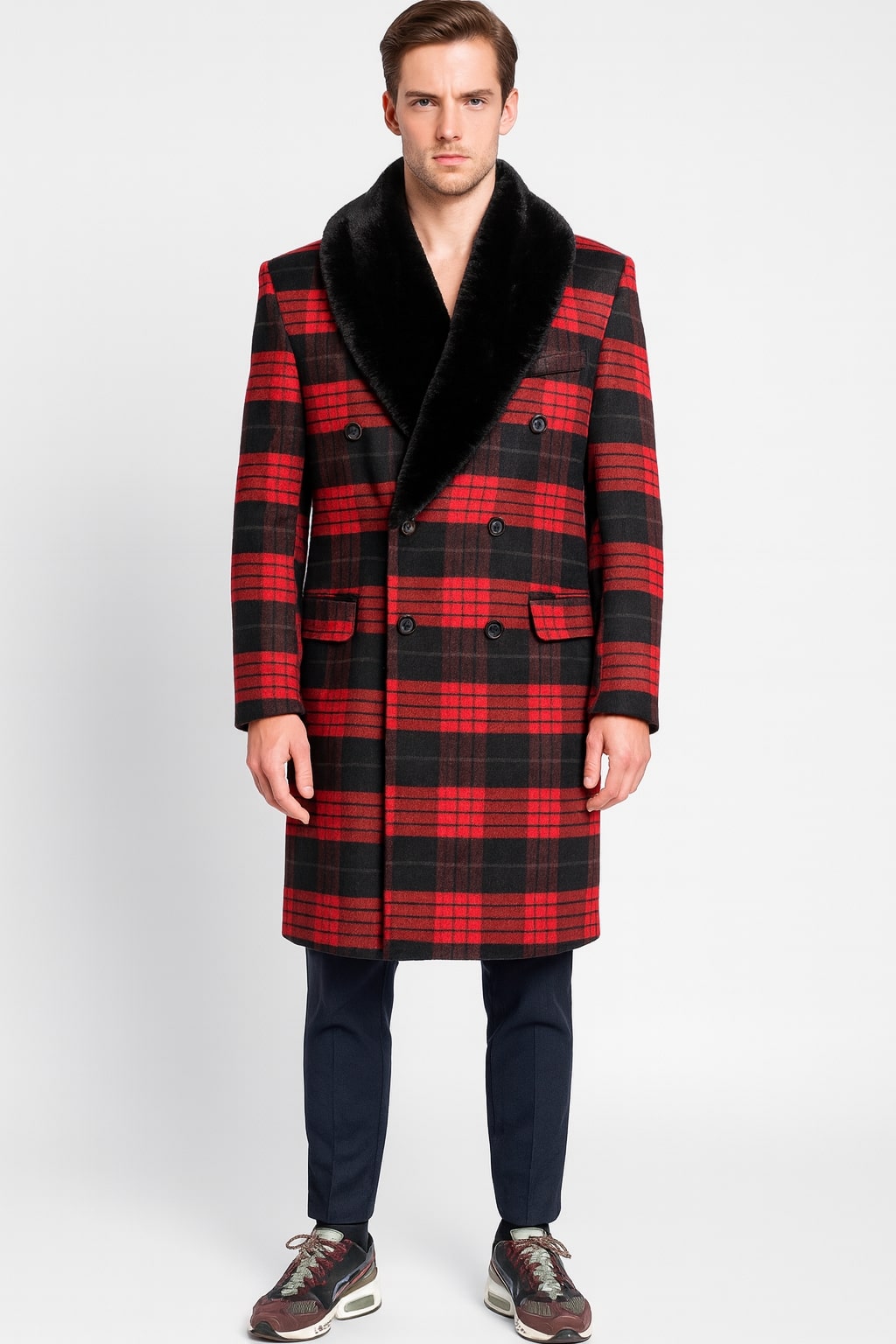 Tartan Christmas New Year Holiday Mens Red and Black Plaid Wool Overcoat with Black Faux Fur Shawl Collar – Double-Breasted Winter Coat - Tartan Design