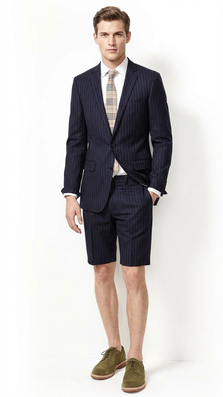 Men’s Dark Navy Blue Pinstripe or Black Pinstripe Summer Business Suit with Shorts Pants Set – Sport Coat Style Formal and Casual Outfit