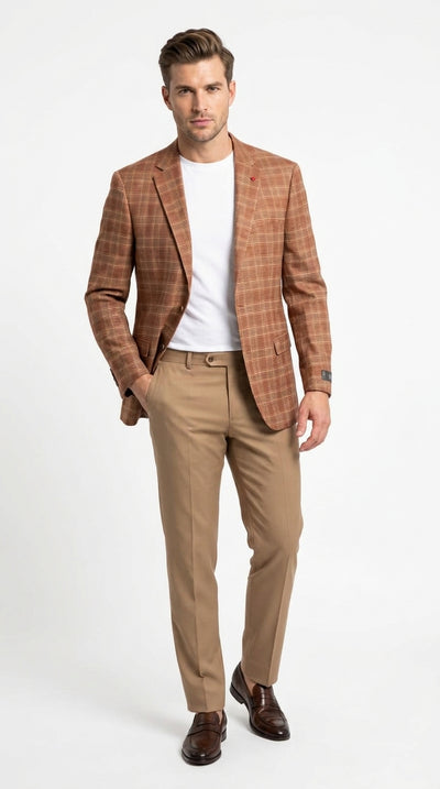 Vitali Men’s Rust Copper Brown Plaid Blazer with Tan Pants – Classic Windowpane, Business and Smart-Casual Birck color Suit