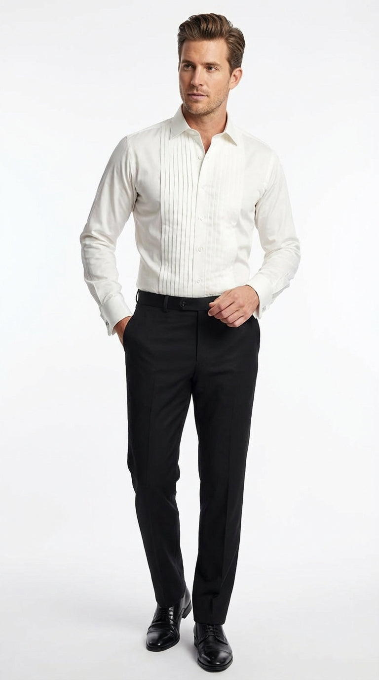 Men’s Ivory Cream Off White Pleated Tuxedo Dress Shirt