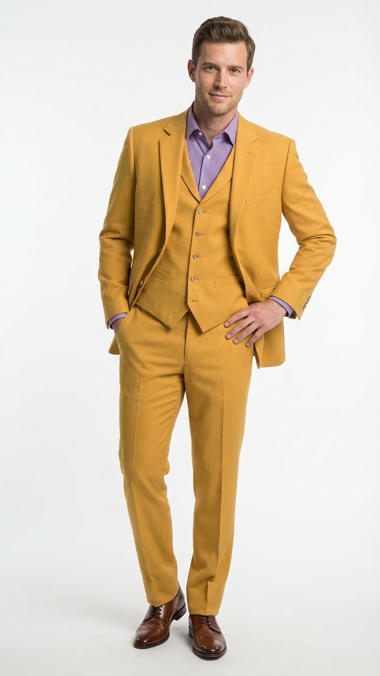Men’s Mustard Yellow Three Piece Suit | 2 Button Notch Lapel Modern Fit in Gold Color - Church Suit