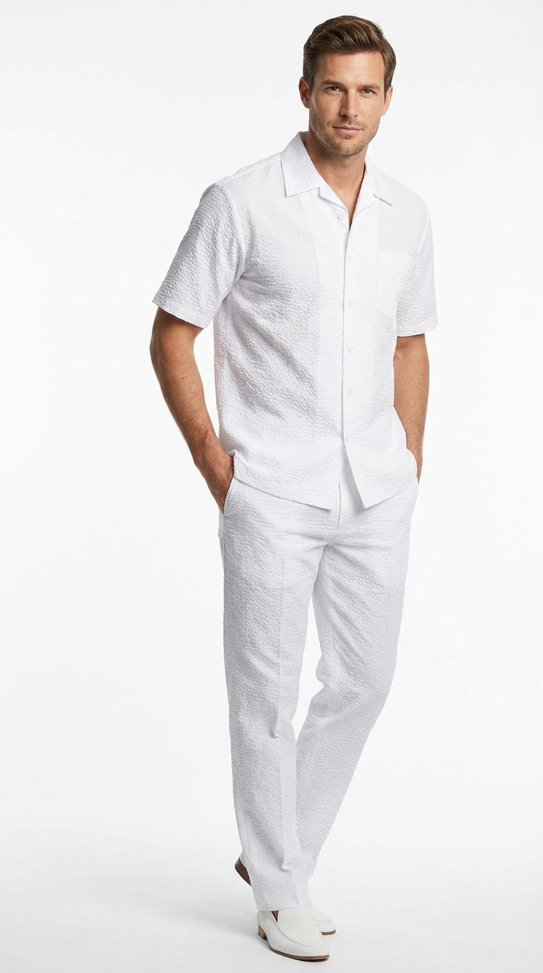 Mens White Seersucker Walking Suit Set – Casual Summer Short Sleeve Ou