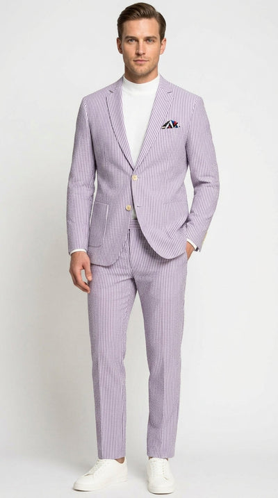 Menβs Lavender Seersucker 2 Piece Suit, Lightweight Summer Blazer and Pants Set for Weddings, Parties, Prom, and summer fabric