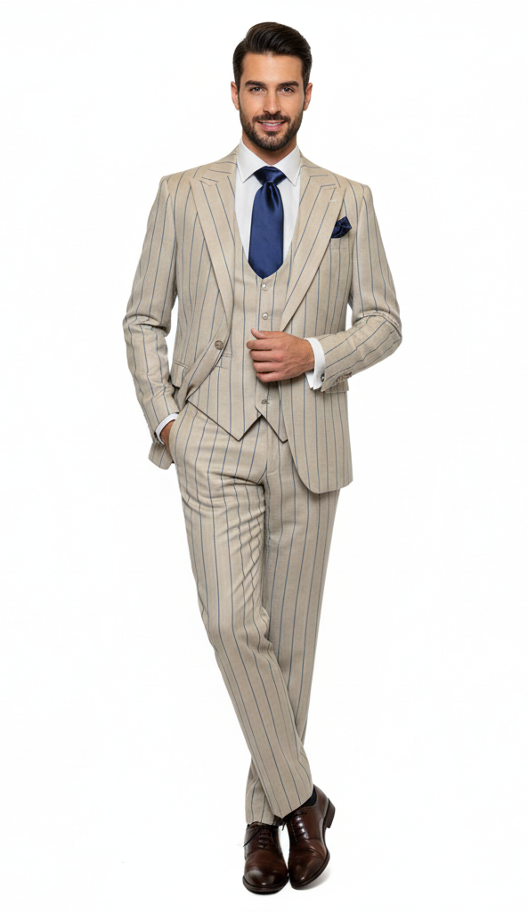 Men's Beige with blue Pinstripe Three-Piece Suit with Vest by Rossiman Vested Peak Lapel in Tan Stripe 1920s style