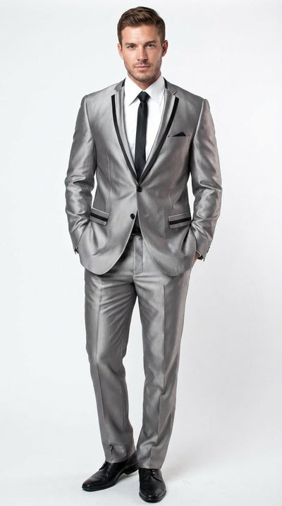 Menβs Silver Sharkskin Tuxedo Suit with Black Piping β Shiny Two Button Formal Suit for Wedding, Prom and Party Wear