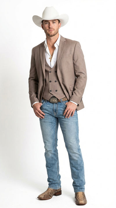 Menβs Beige Cowboy Blazer with Double breasted Vest β Western Two Piece Suit Pants included