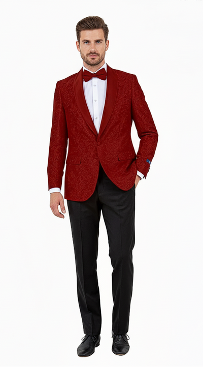 Big and Tall Men’s Burgundy Paisley Tuxedo Jacket – Satin Shawl Lapel Blazer with Bow Tie for Weddings, Proms, and Special Events