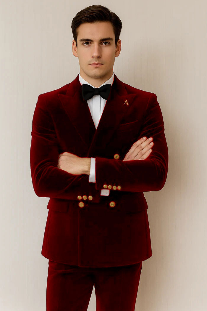 Mens Velvet Suit - Slim Fit Double Breasted Suit Blazer and Pants - Green