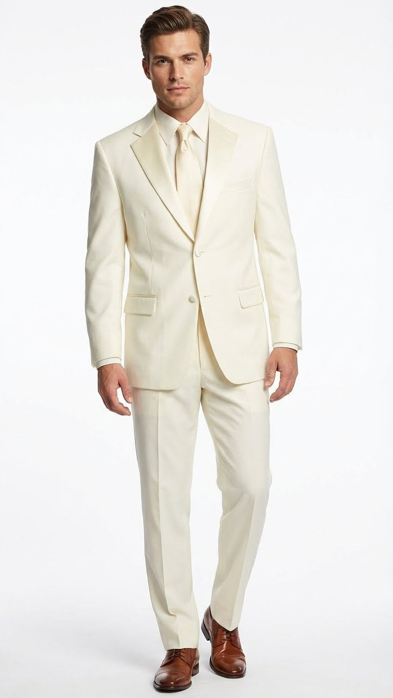 Men’s Ivory Tuxedo Suit with Satin Notch Lapel – Formal Wedding and Evening Wear Suit in Cream Off White Color Ivory / 50 Long Jacket+44 Waist Adjust