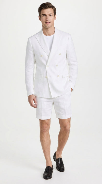 Menβs White Summer Suit with Shorts, 2 Piece Linen Style Wedding Beach Short Suit Set double breasted style