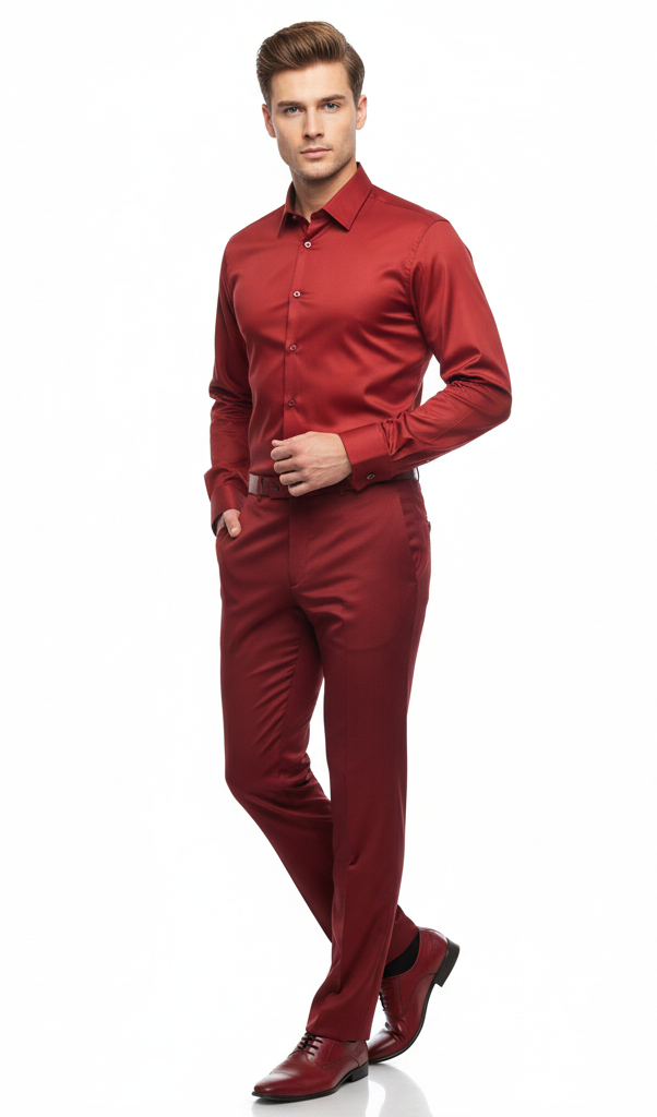 Men’s Red Satin Dress Shirt – Luxury Long Sleeve Formal Shirt for Part
