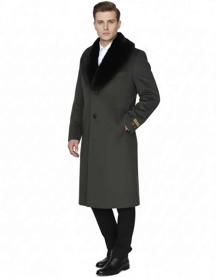 Men’s Olive Overcoat with Black Fur Collar
