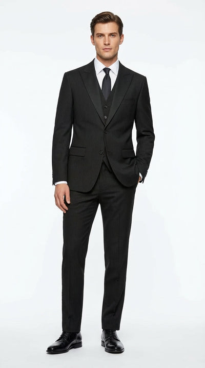 Vitali Mens Black Tone on Tone Shadow Stripe Vested Suit Set β 3 Piece Modern Fit Pinstripe Two Buttons