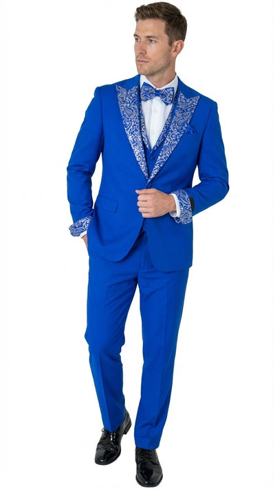 Men’s Bright Royal Blue and White lapel Embellished Tuxedo Suit – 3-Piece Formal Wedding, Prom, and Gala Outfit