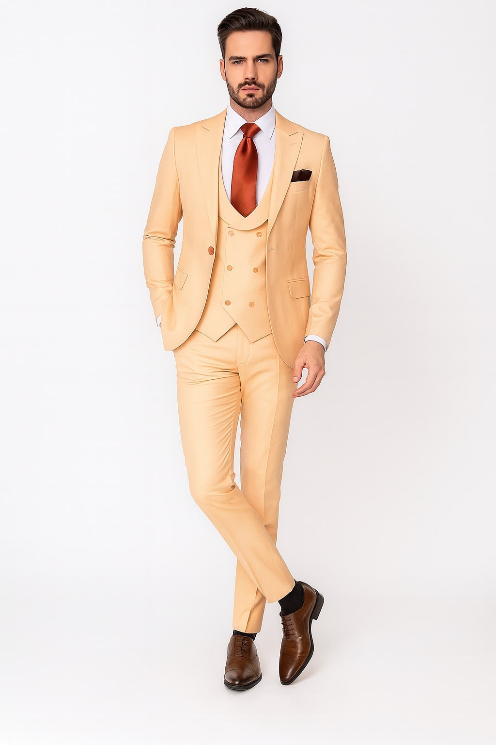 Men’s Peach 3-Piece Suit with Vest & Slim Pants