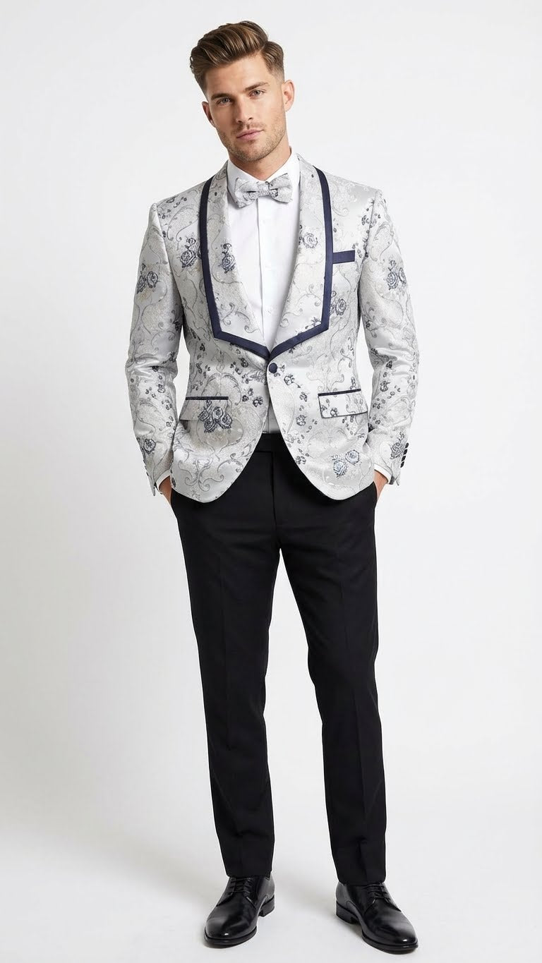 Men’s White and Navy Blue Lapel Floral Jacquard Blazer with Contrast Shawl Lapel – Luxury Wedding and Party Wear Jacket paisley Tuxedo Navy Pants