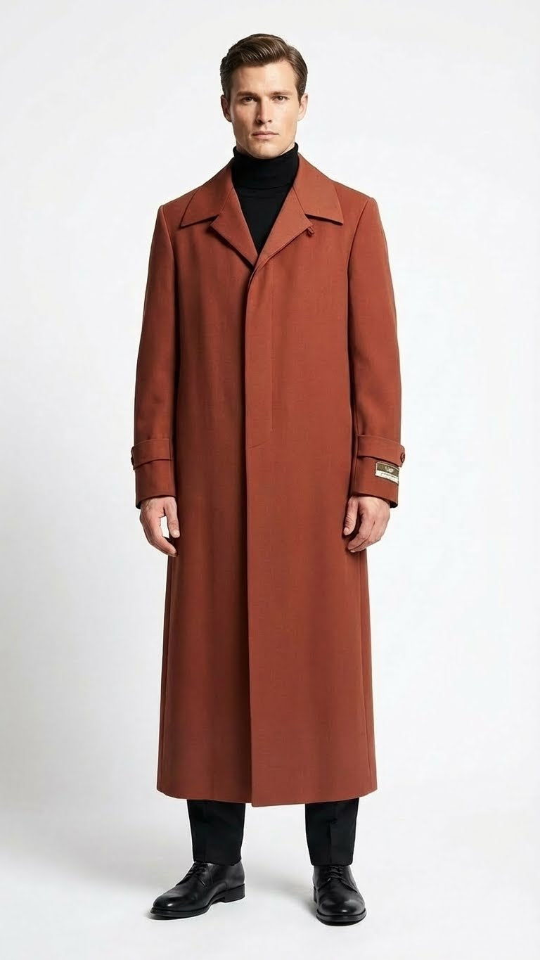Men’s Full-Length Cognac Overcoat – Premium Wool-Blend Long Dress Coat for Winter and Formal Wear in Rust Brick Color Rust Brick / Coat Size 46