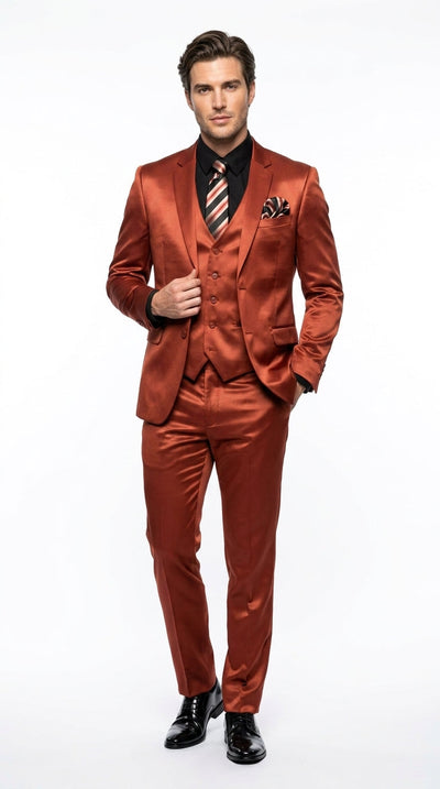 Menβs Rust Copper Coganc Shiny Sateen 3 Piece Suit, Vested Formal Wedding Prom Suit Set Ultra Slim Fit