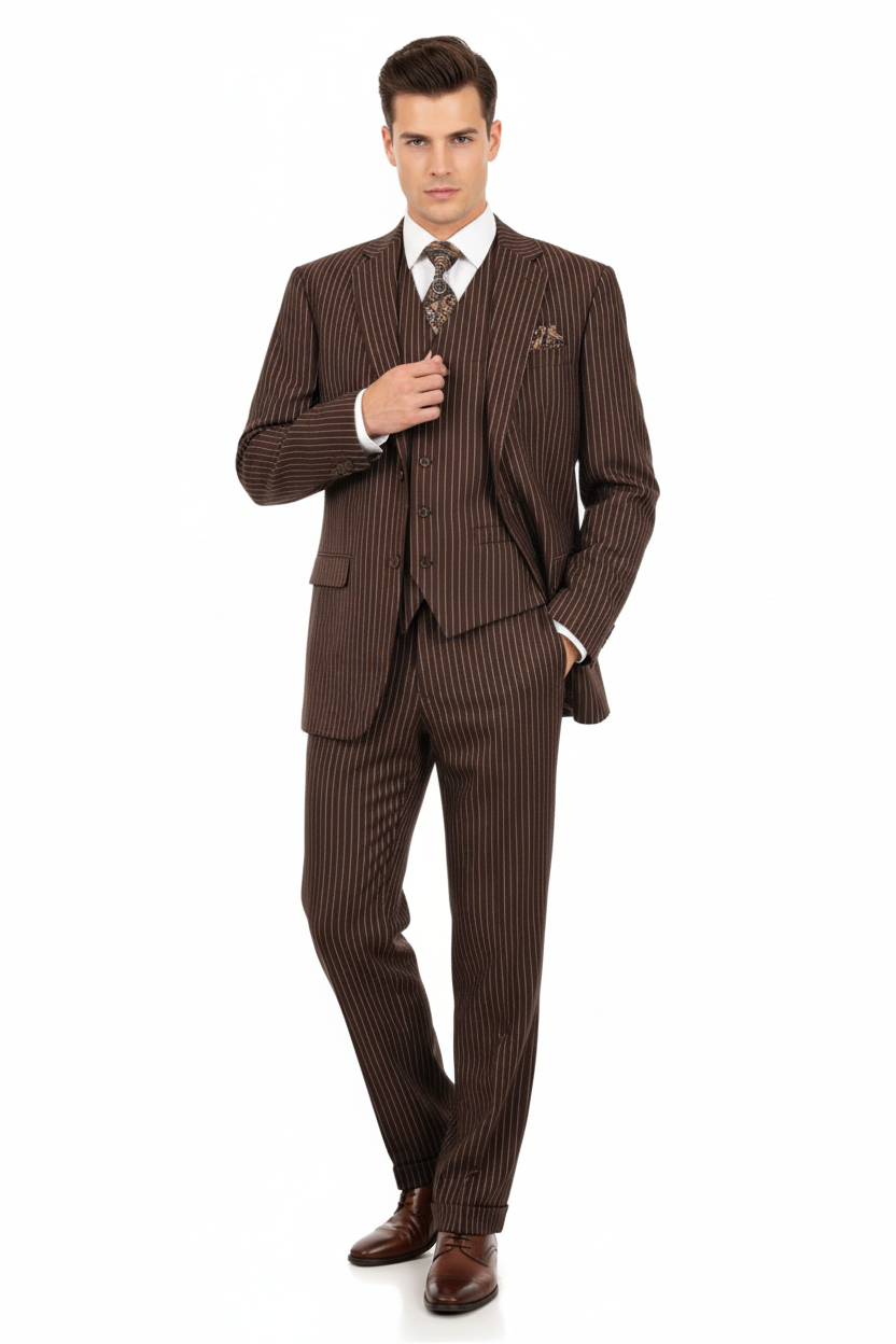 Men’s Brown Pinstripe 3-Piece Suit with Vest