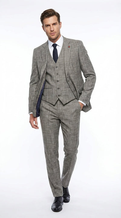 Vitali Brand Menβs Grey Textured Patterned 3 Piece Suit β Modern Fit Checkered Sharkskin with Blazer, Vest & Trousers, Business Wedding