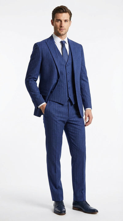 Menβs Cobalt Blue 3 Piece Suit β Indigo Light Blue Pinstripe Formal Suit with Vest for Wedding, Business Modern Fit Two buttons