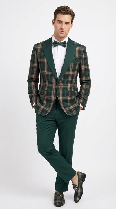 Mens Tartan Green and Brown Blue Plaid Tuxedo Dinner Jacket Set β Checkered Prom Blazer with Dark Green Pants Formal Wedding Party Wear